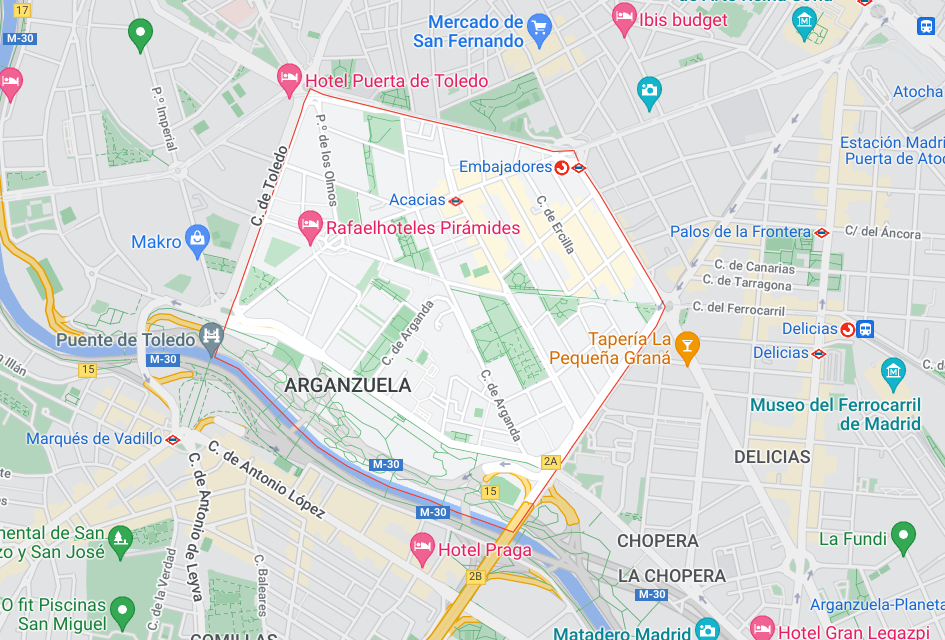 Mapa barrio de acacias en Madrid